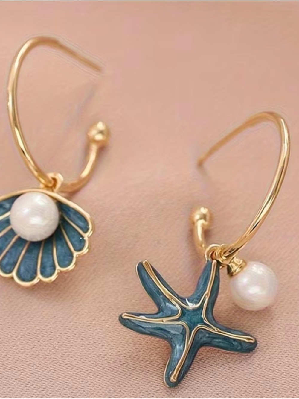 Gold-Tone Blue Starfish & Shell Pearl Hoop Earrings